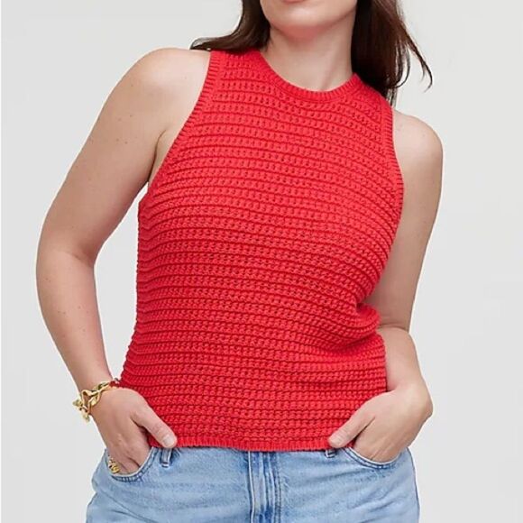 NWT Madewell Crochet Knit Crewneck Sweater Tank Red Size S Grandma Fitted Retro - Picture 2 of 11